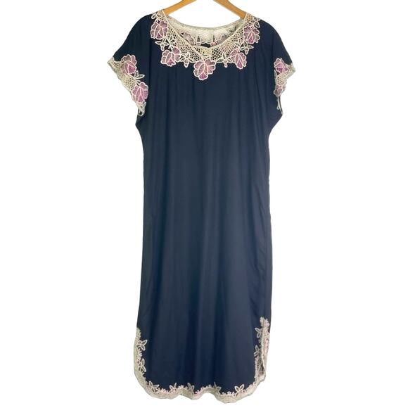 Vintage Embroidered Black Dress White Floral Lace Rayon Dress Pink Green - Picture 1 of 9